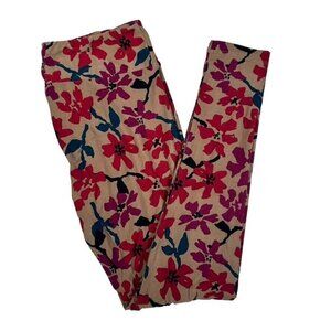 LuLaRoe Tan Red Blue Flowers Floral Hippie 60s 70s Leggings Tall & Curvy TC